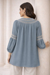 Ash Gray Laser-Cut Embroidered Button-Down Tunic