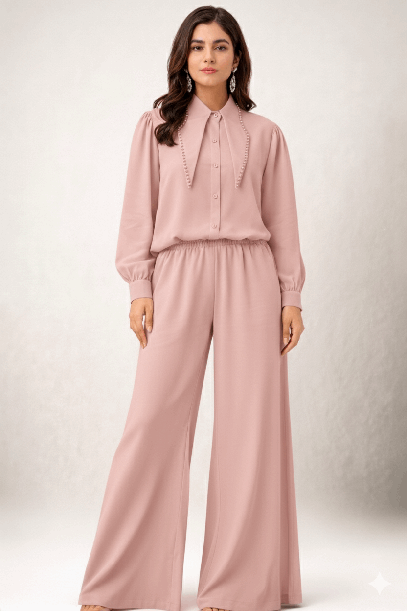 Pearl-Embellished Collared Co-ord Set Pink