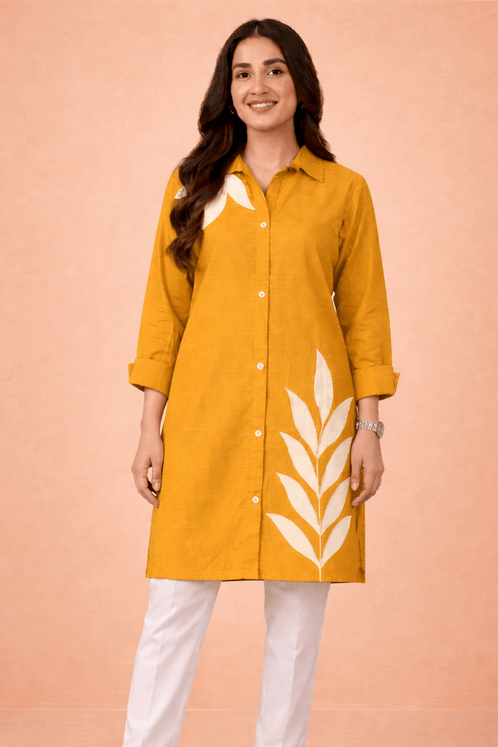 Botanical Embroidered Button-Down Kurta Mustard