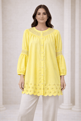 Lemon Yellow Laser-Cut Embroidered Button-Down Tunic