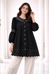 Black Laser-Cut Embroidered Button-Down Tunic