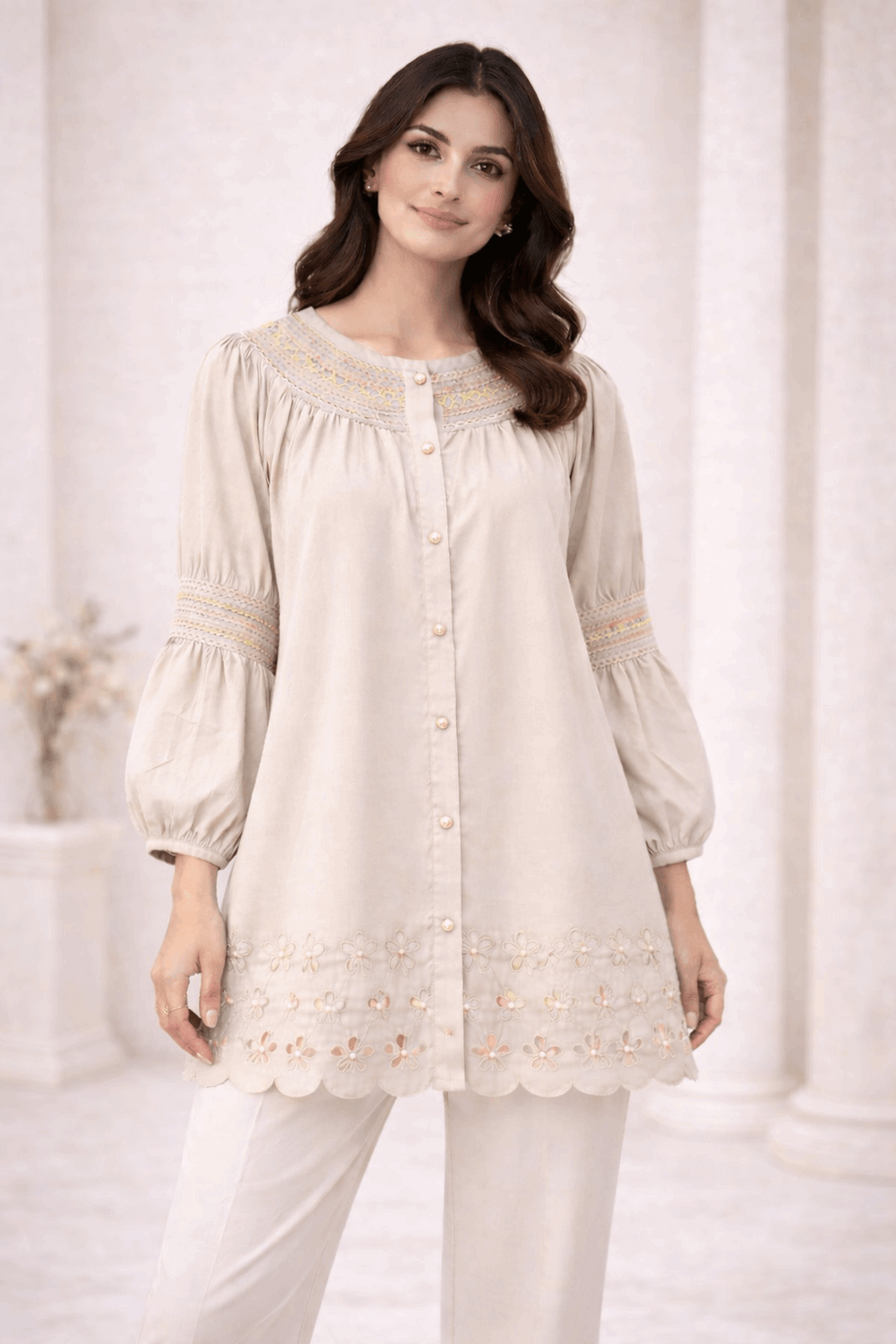 Light Beige Laser-Cut Embroidered Button-Down Tunic