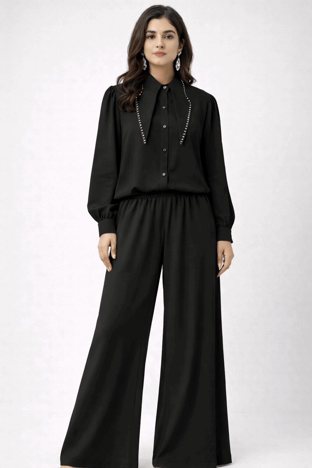 Pearl-Embellished Collared Co-ord Set Black