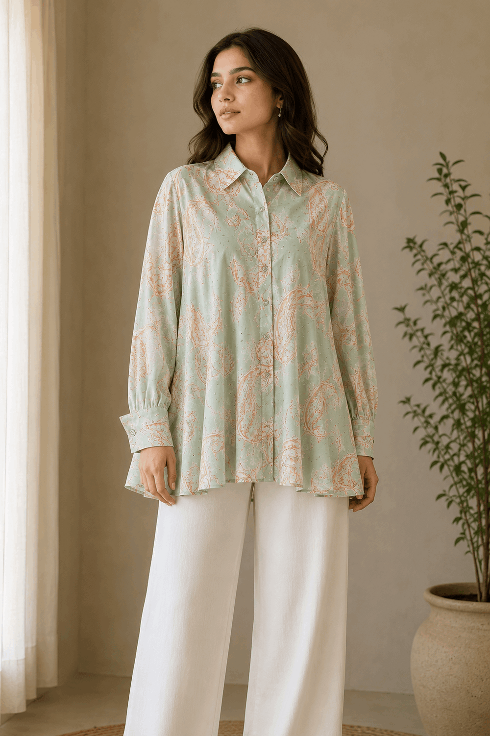 Sage Green Paisley Printed Button-Down Tunic