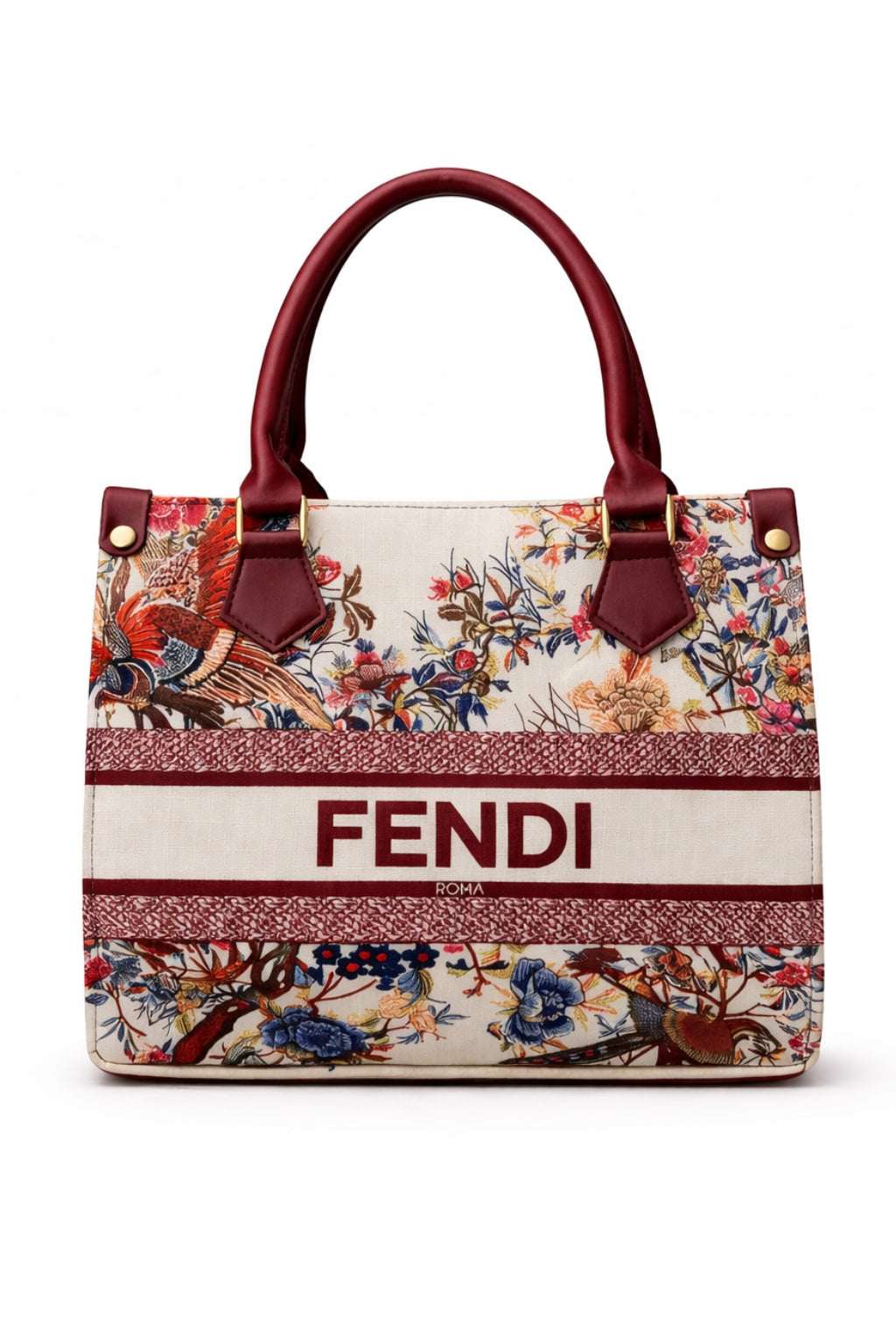 Fendi Roma Floral Embroidery Canvas Tote Bag - Maroon