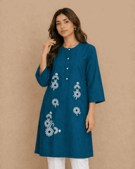 Daisy Floral Embroidered Cotton Kurta Blue - Nishat Creative Store