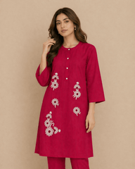 Daisy Floral Embroidered Cotton Kurta Red - Nishat Creative Store