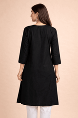 Floral Embroidered Black Cotton Kurta - Nishat Creative Store