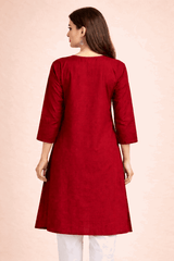 Floral Embroidered Red Cotton Kurta - Nishat Creative Store