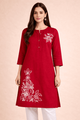 Floral Embroidered Red Cotton Kurta - Nishat Creative Store