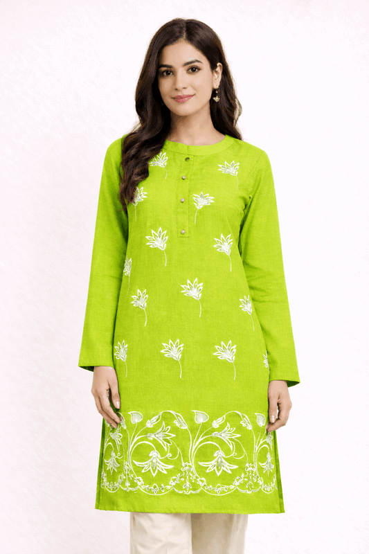 Floral Vine Embroidered Lime Green Cotton Kurta - Nishat Creative Store