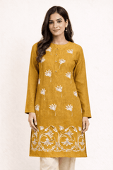 Floral Vine Embroidered Mustard Cotton Kurta - Nishat Creative Store