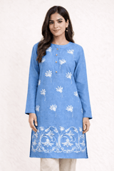 Floral Vine Embroidered Sky Blue Cotton Kurta - Nishat Creative Store