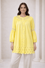 Lemon Yellow Laser-Cut Embroidered Button-Down Tunic - Nishat Creative Store