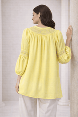Lemon Yellow Laser-Cut Embroidered Button-Down Tunic - Nishat Creative Store