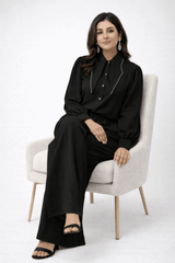 Pearl-Embellished Collared Co-ord Set Black - Nishat Creative Store
