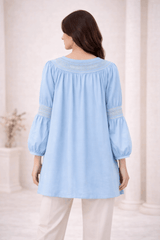 Sky Blue Laser-Cut Embroidered Button-Down Tunic - Nishat Creative Store