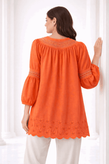 Unique Orange Laser-Cut Embroidered Button-Down Tunic - Nishat Creative Store