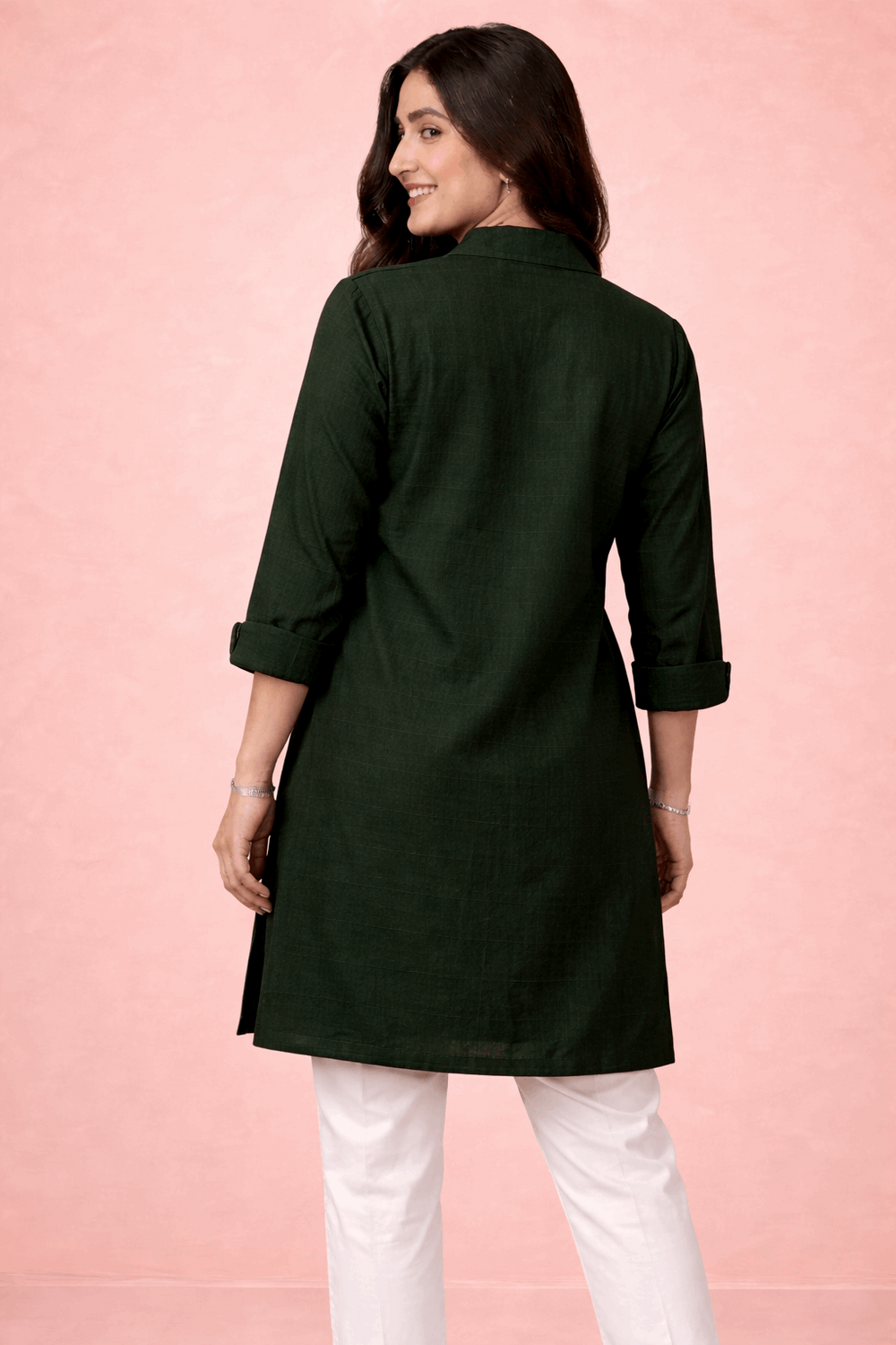 Botanical Embroidered Button-Down Kurta Dark Green