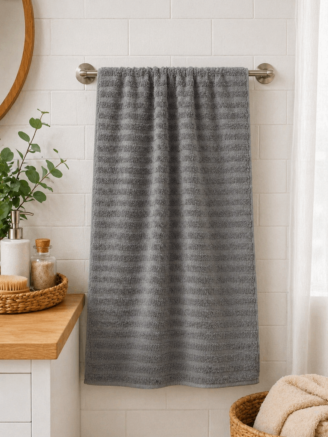 Premium Cotton Stripe Bath Towel Charcoal Gray