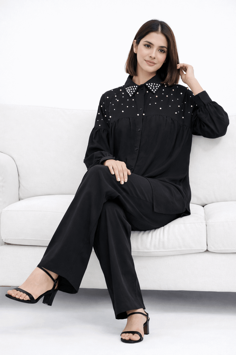 White Pearl-Embellished Collared Co-ord Set Black