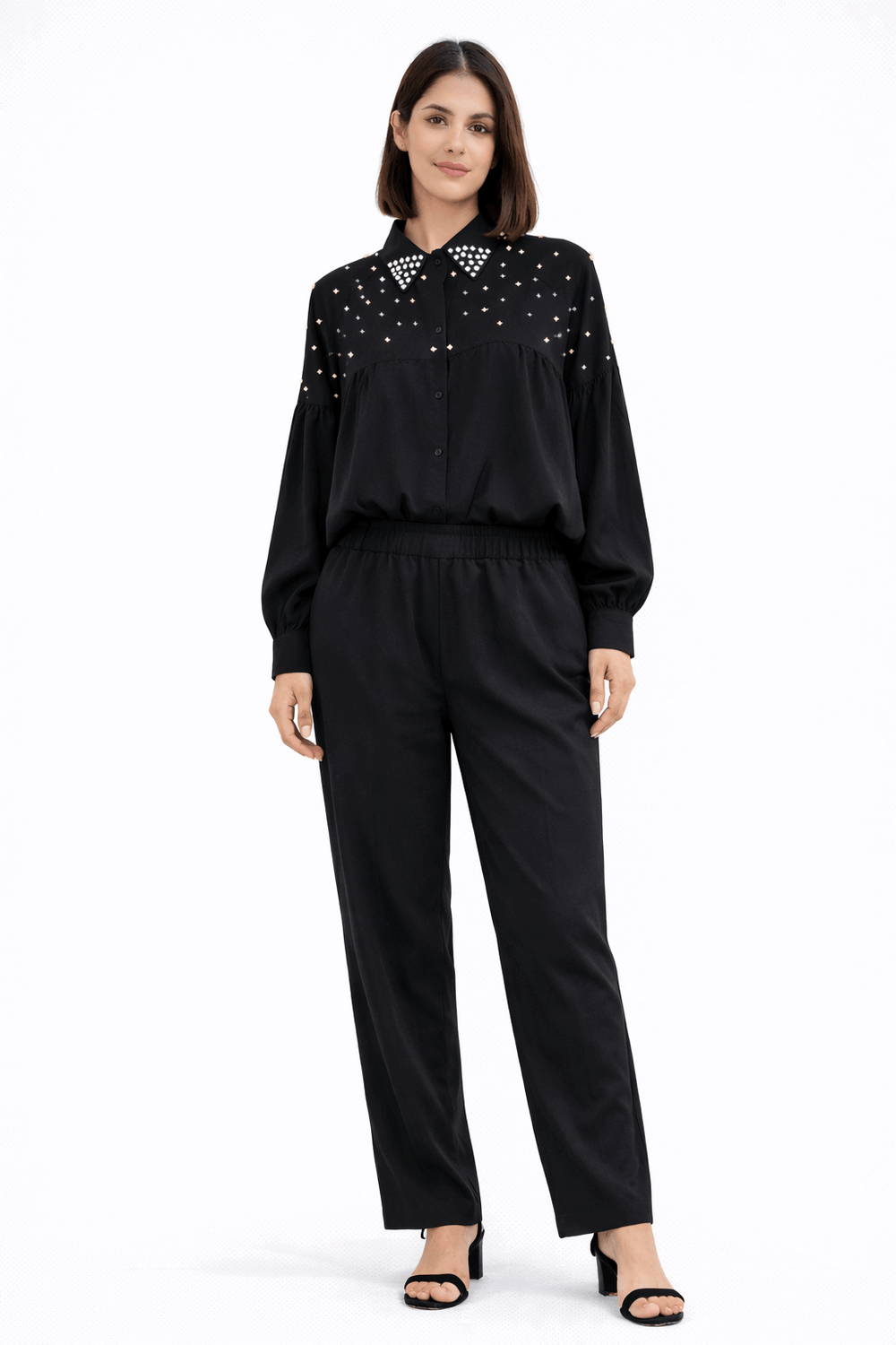 White Pearl-Embellished Collared Co-ord Set Black