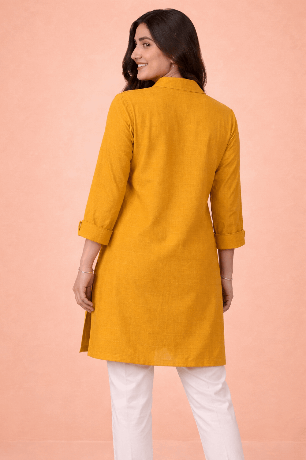 Botanical Embroidered Button-Down Kurta Mustard