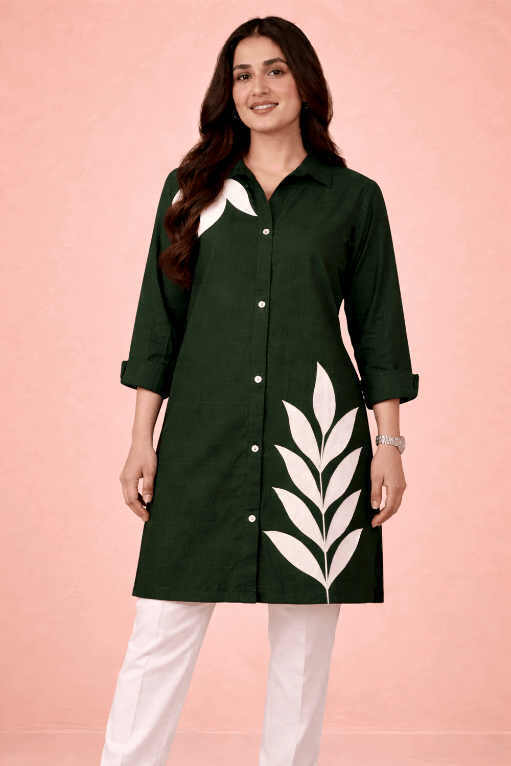 Botanical Embroidered Button-Down Kurta Dark Green