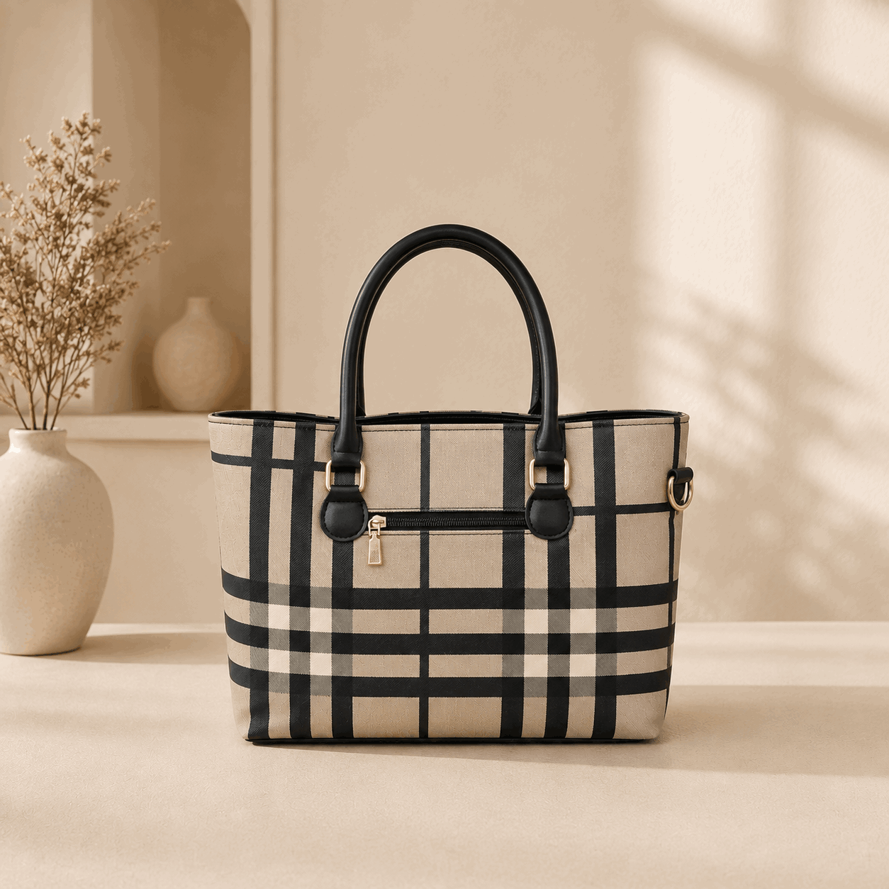 Printed Checkered Pattern Tote Bag