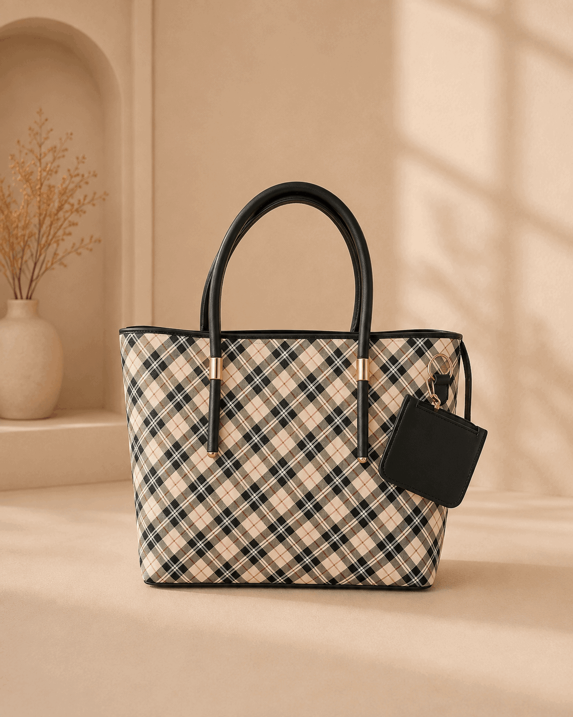 Printed Checkered Pattern Tote Bag