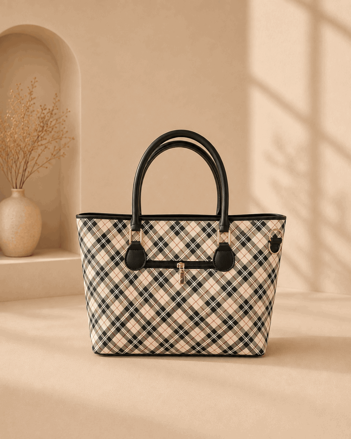 Printed Checkered Pattern Tote Bag