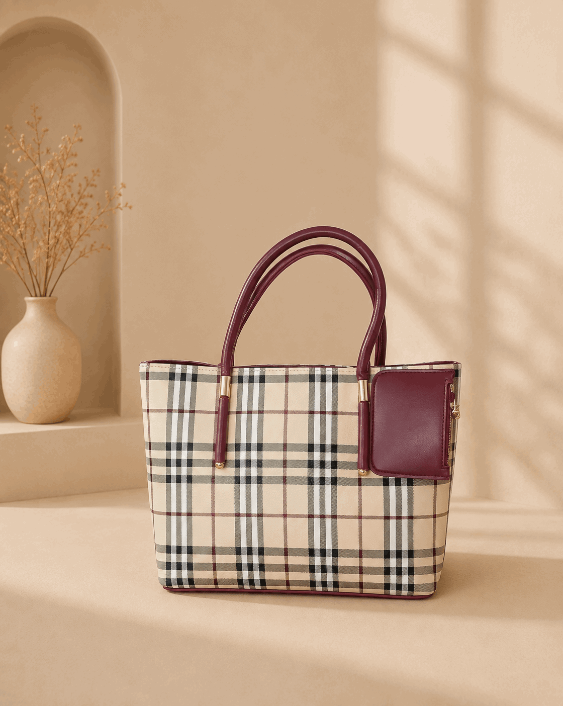 Printed Checkered Pattern Tote Bag