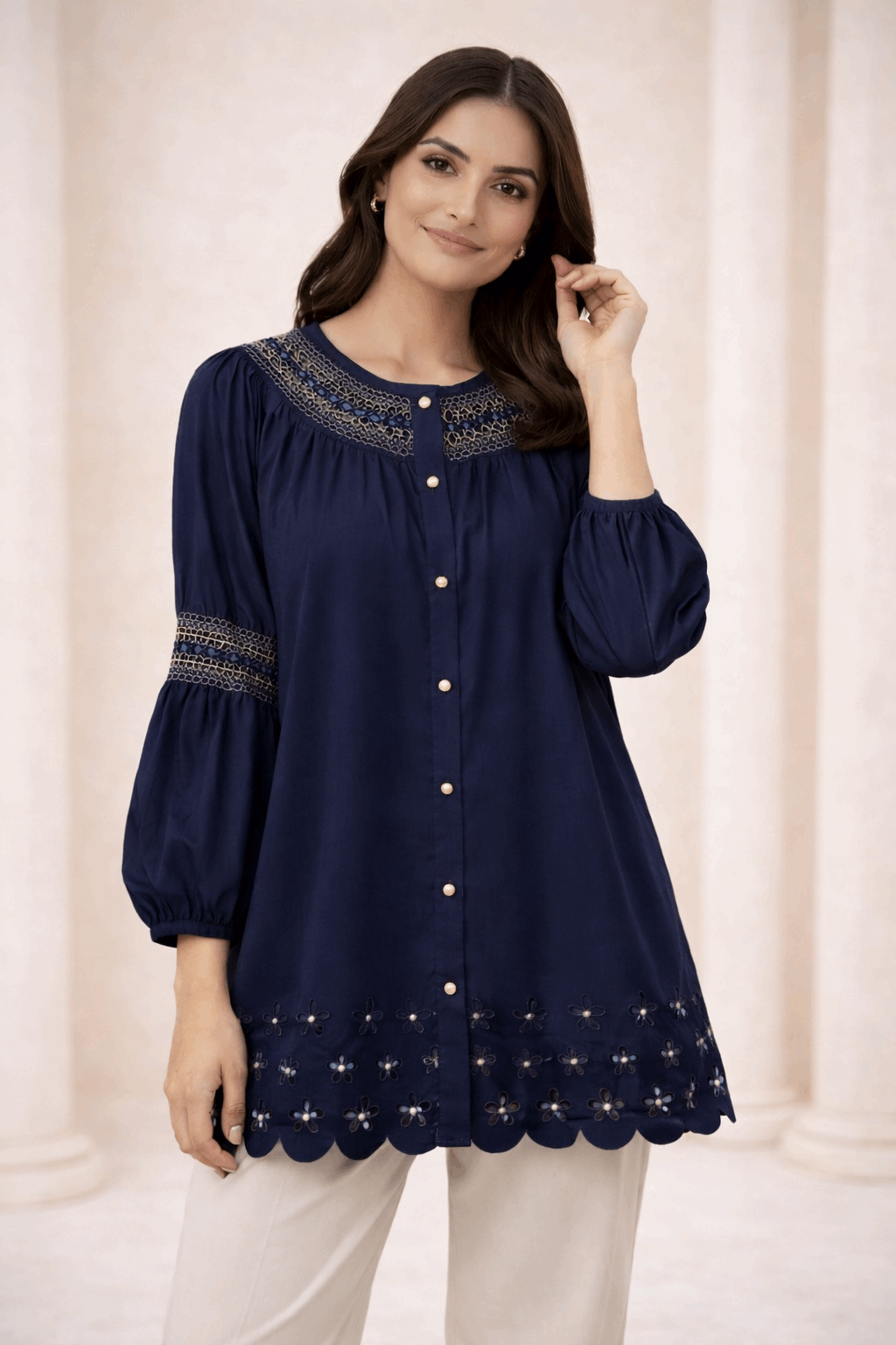 Navy Laser-Cut Embroidered Button-Down Tunic