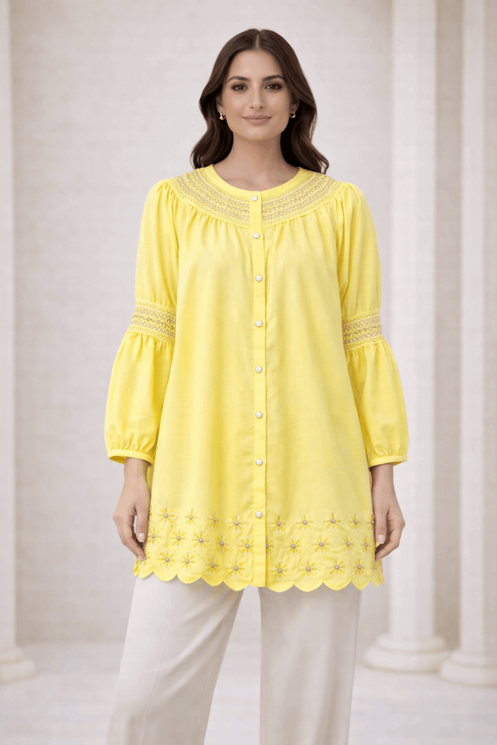 Lemon Yellow Laser-Cut Embroidered Button-Down Tunic