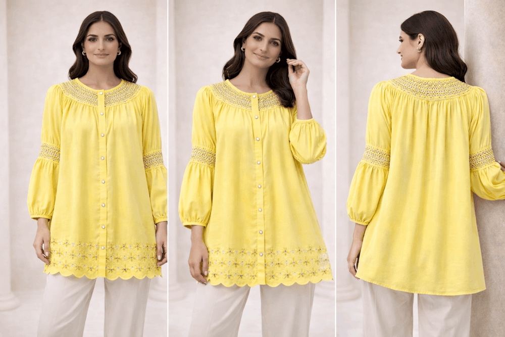 Lemon Yellow Laser-Cut Embroidered Button-Down Tunic