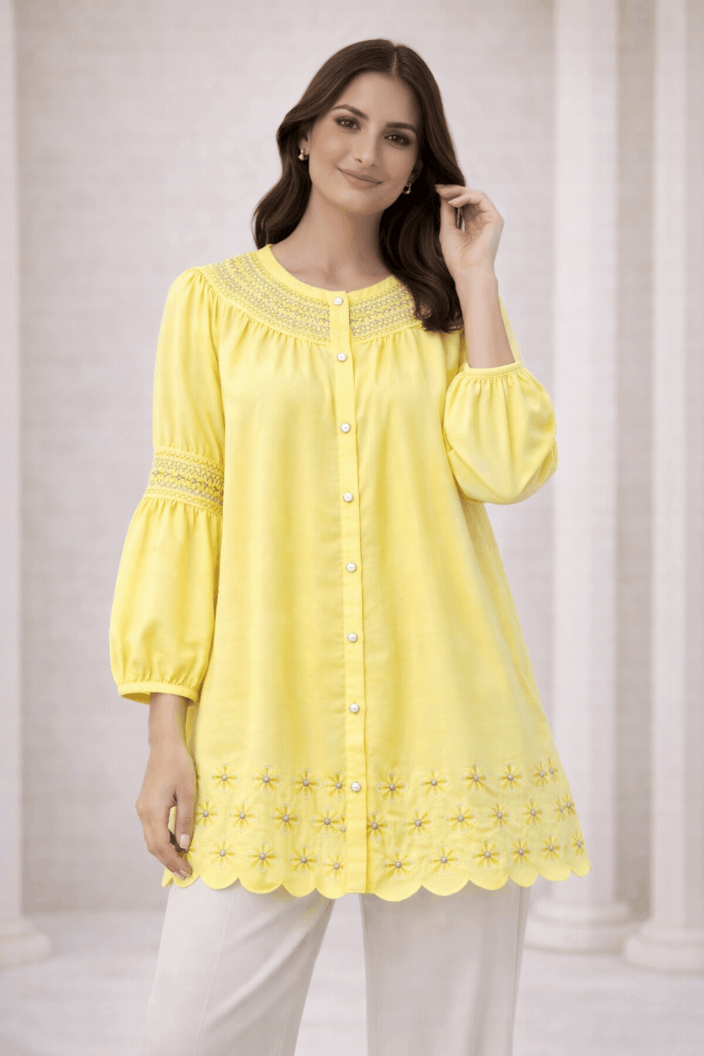 Lemon Yellow Laser-Cut Embroidered Button-Down Tunic