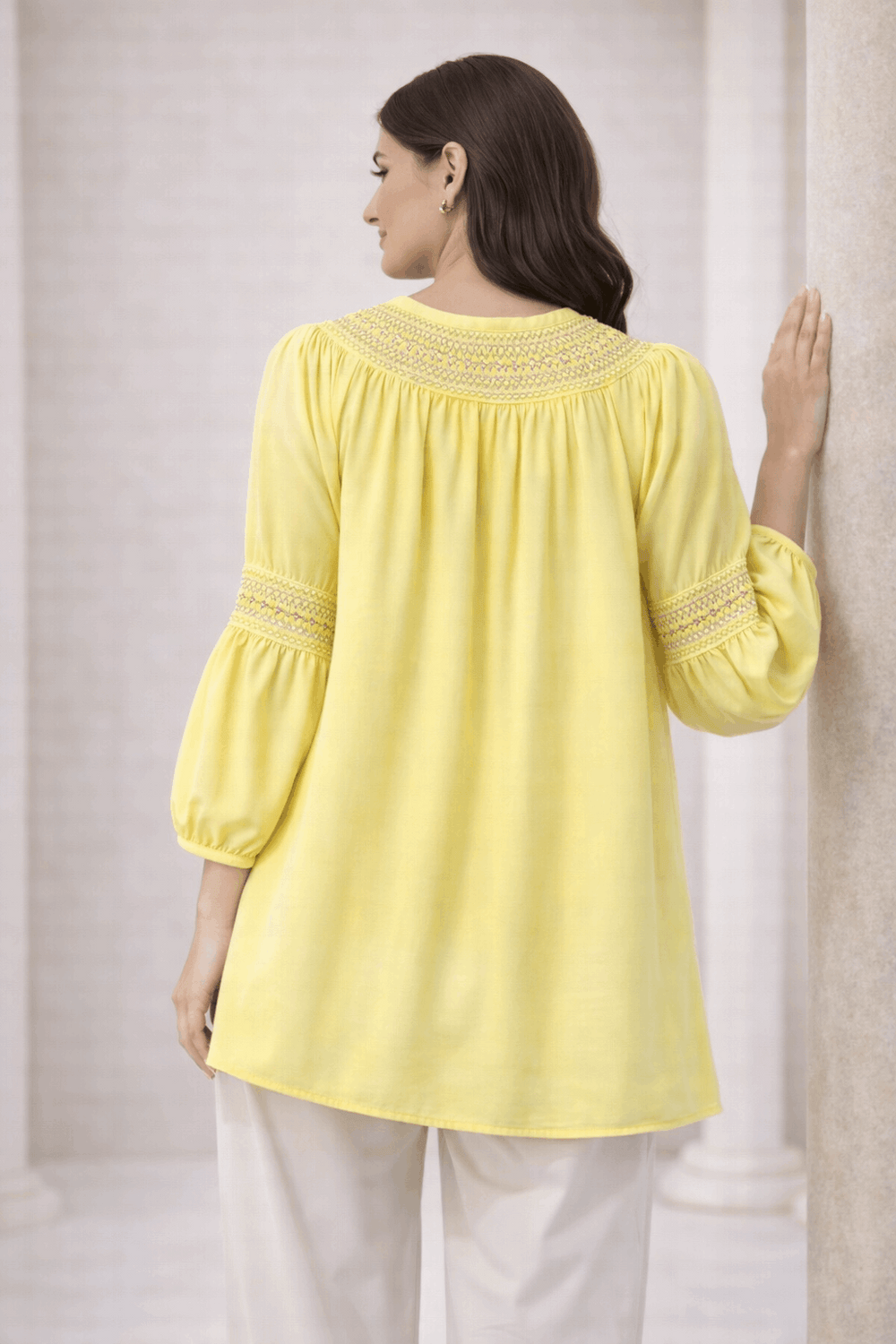 Lemon Yellow Laser-Cut Embroidered Button-Down Tunic
