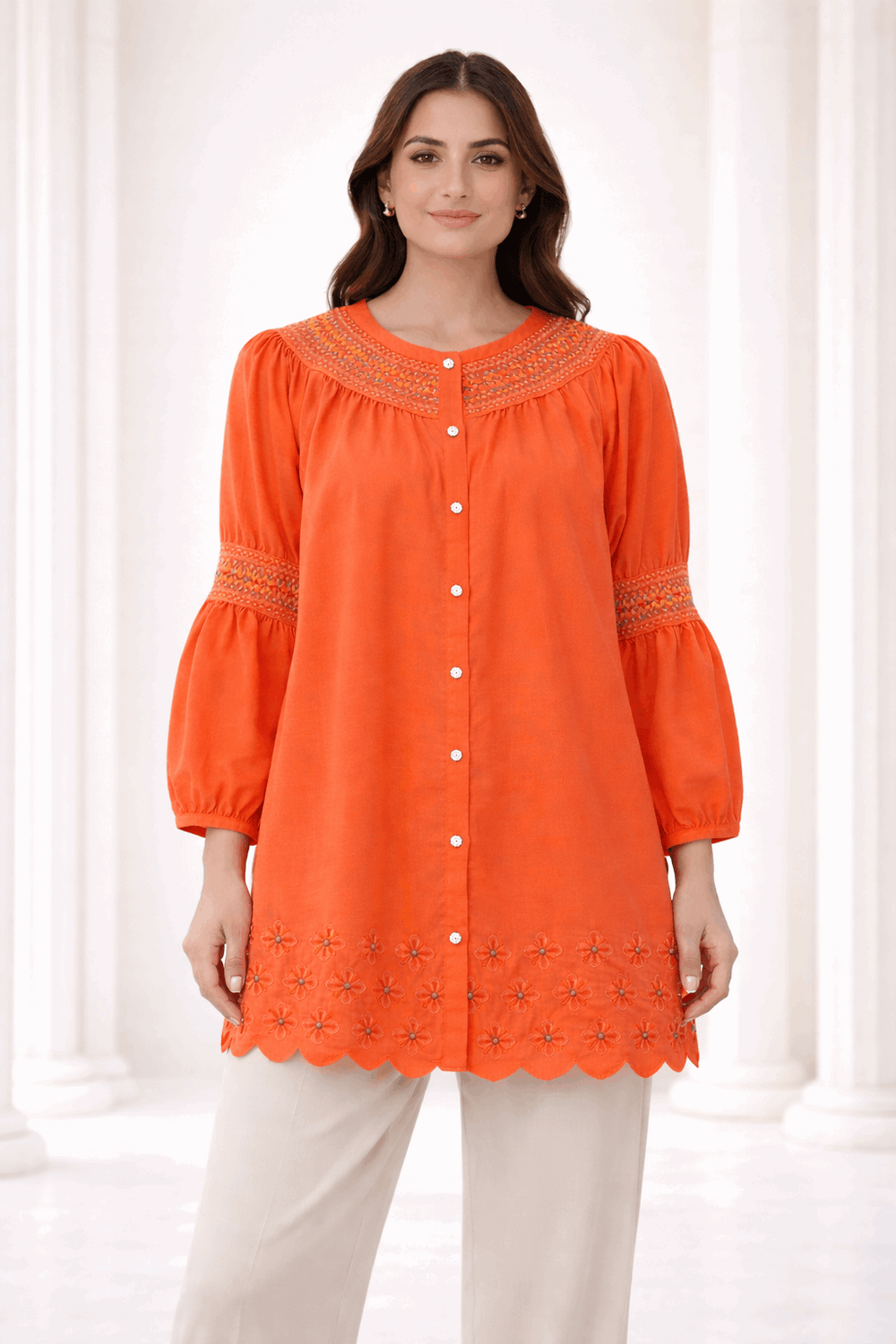 Unique Orange Laser-Cut Embroidered Button-Down Tunic
