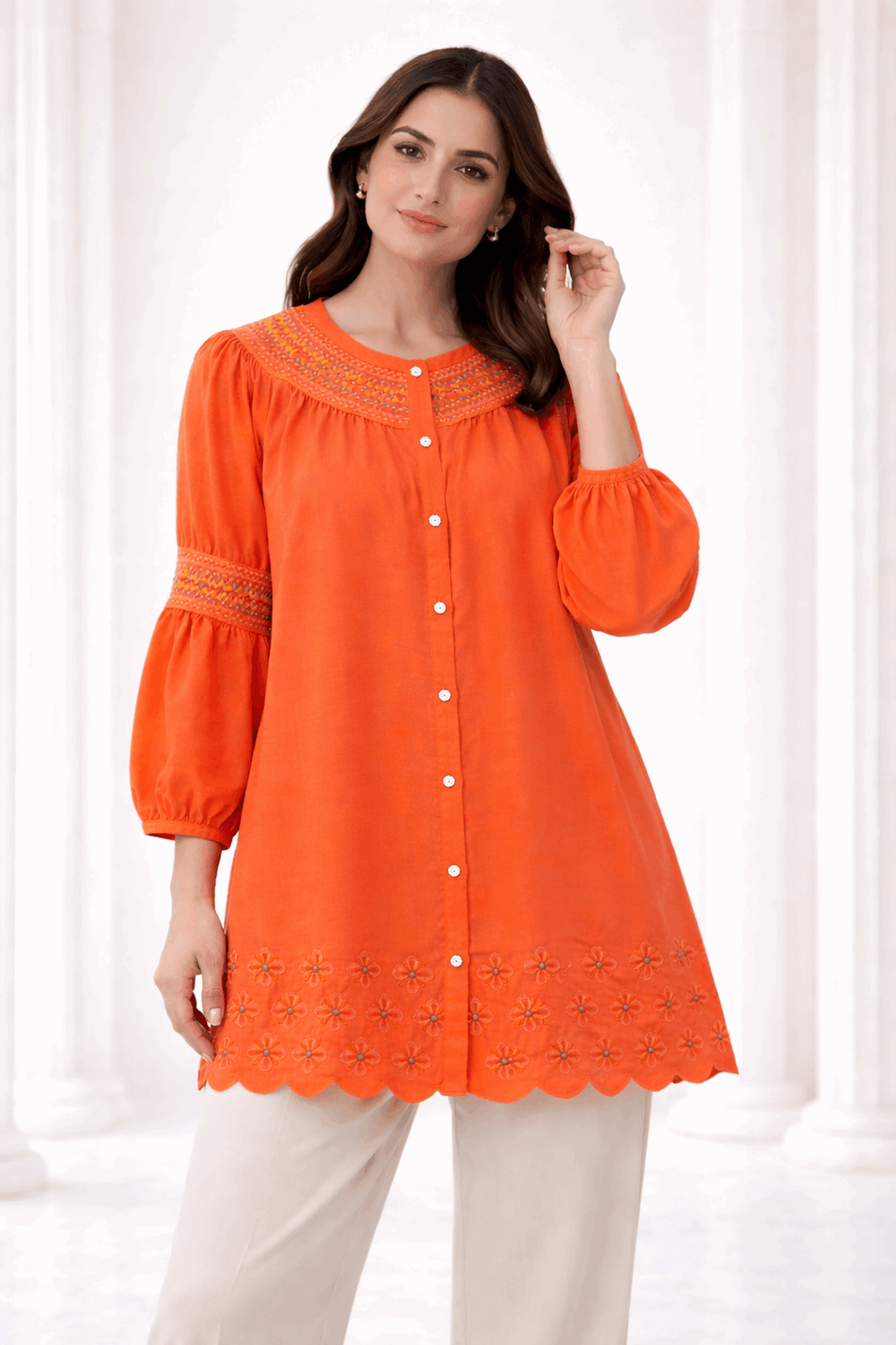 Unique Orange Laser-Cut Embroidered Button-Down Tunic