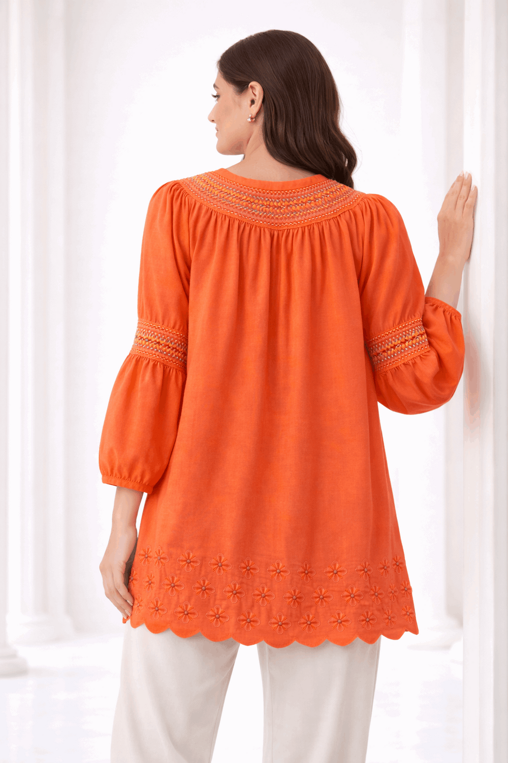 Unique Orange Laser-Cut Embroidered Button-Down Tunic