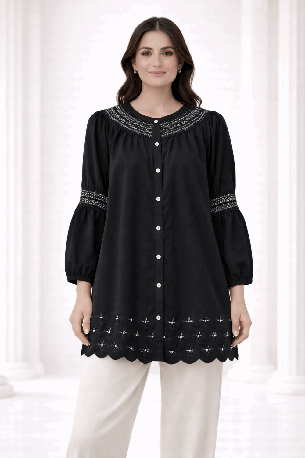 Black Laser-Cut Embroidered Button-Down Tunic