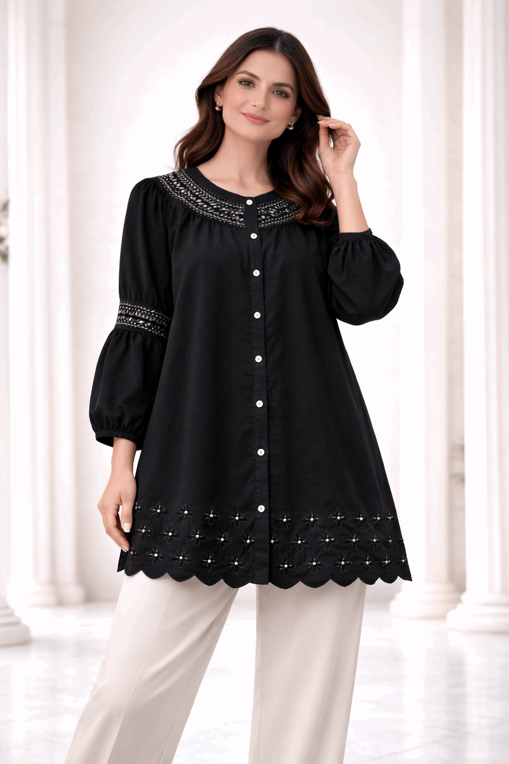 Black Laser-Cut Embroidered Button-Down Tunic