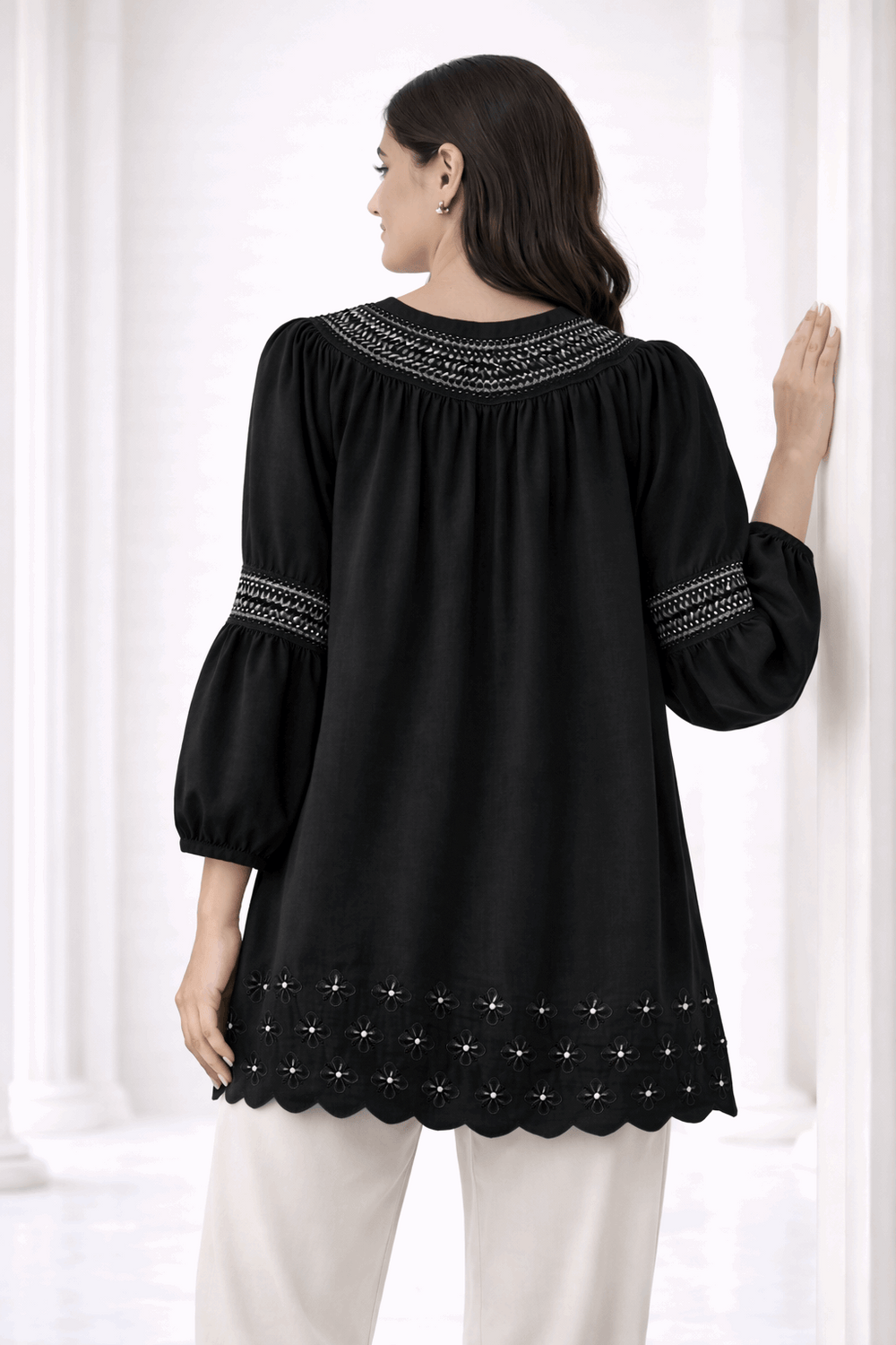 Black Laser-Cut Embroidered Button-Down Tunic
