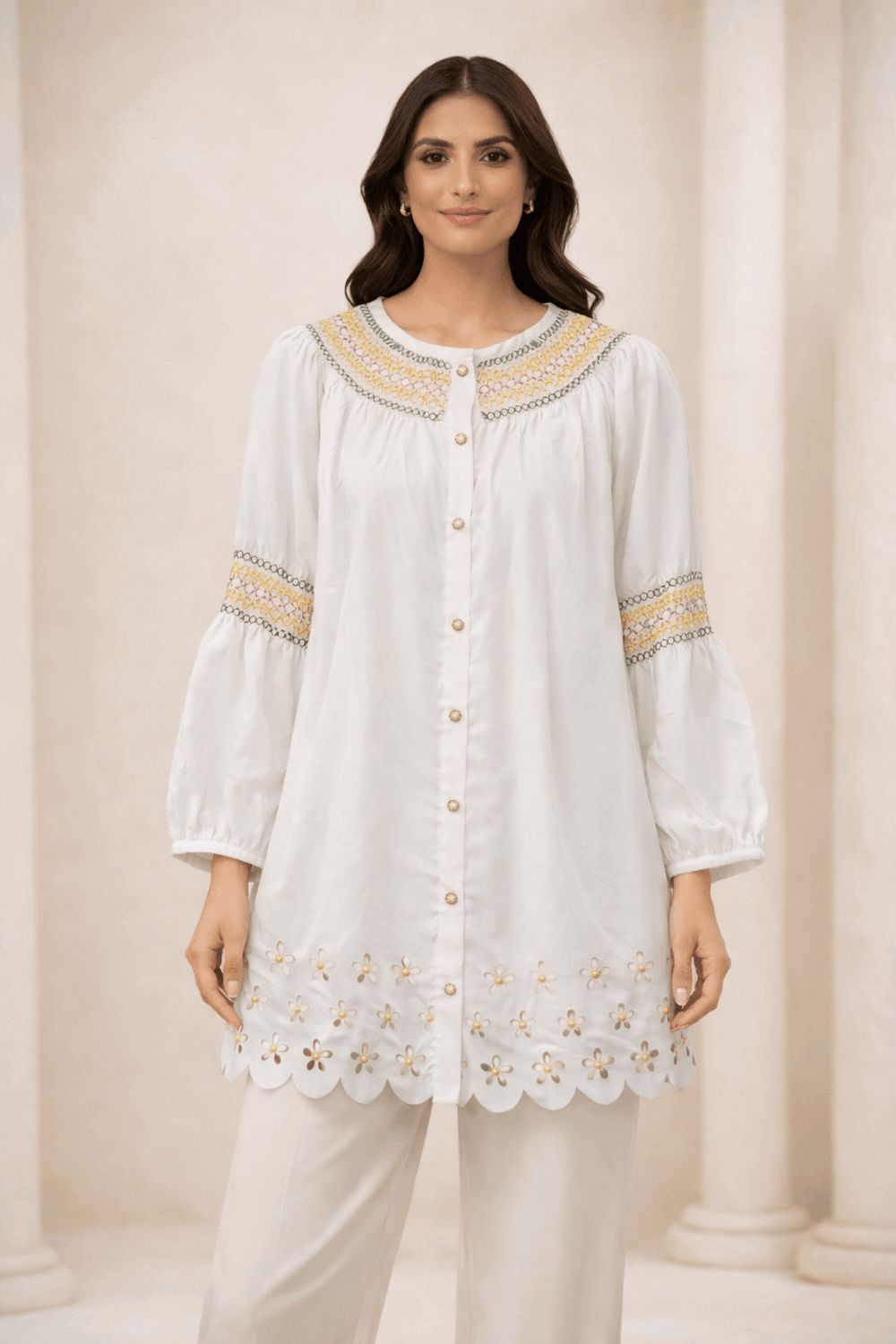 White Laser-Cut Embroidered Button-Down Tunic