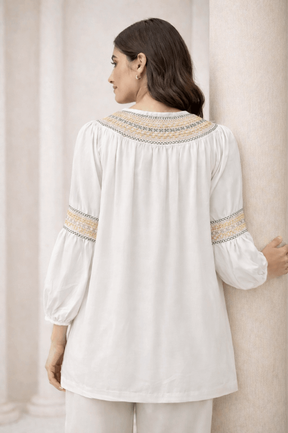White Laser-Cut Embroidered Button-Down Tunic