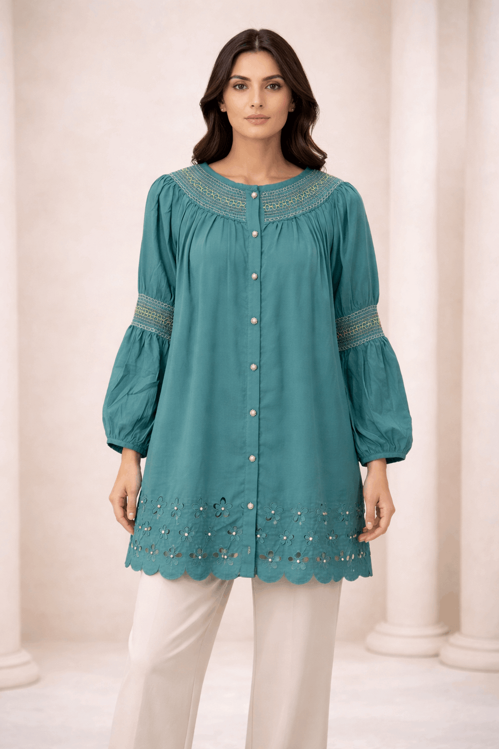Teal Laser-Cut Embroidered Button-Down Tunic