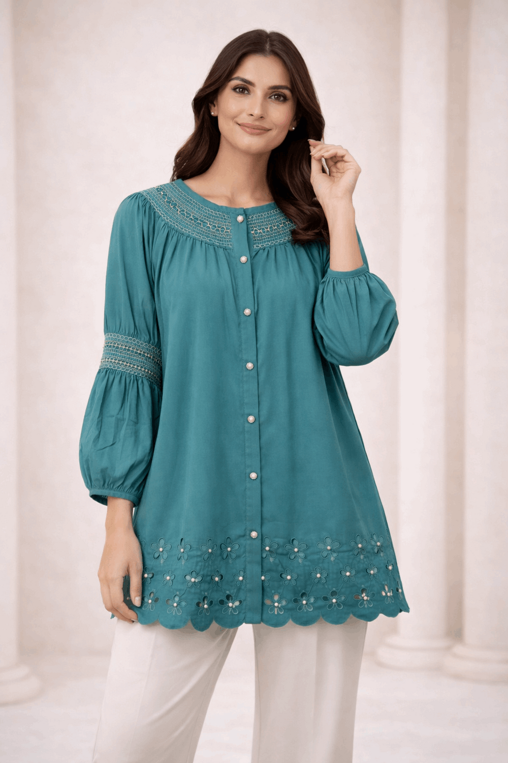Teal Laser-Cut Embroidered Button-Down Tunic