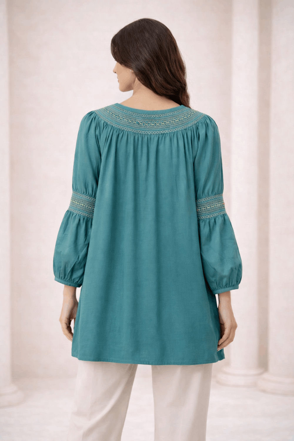 Teal Laser-Cut Embroidered Button-Down Tunic