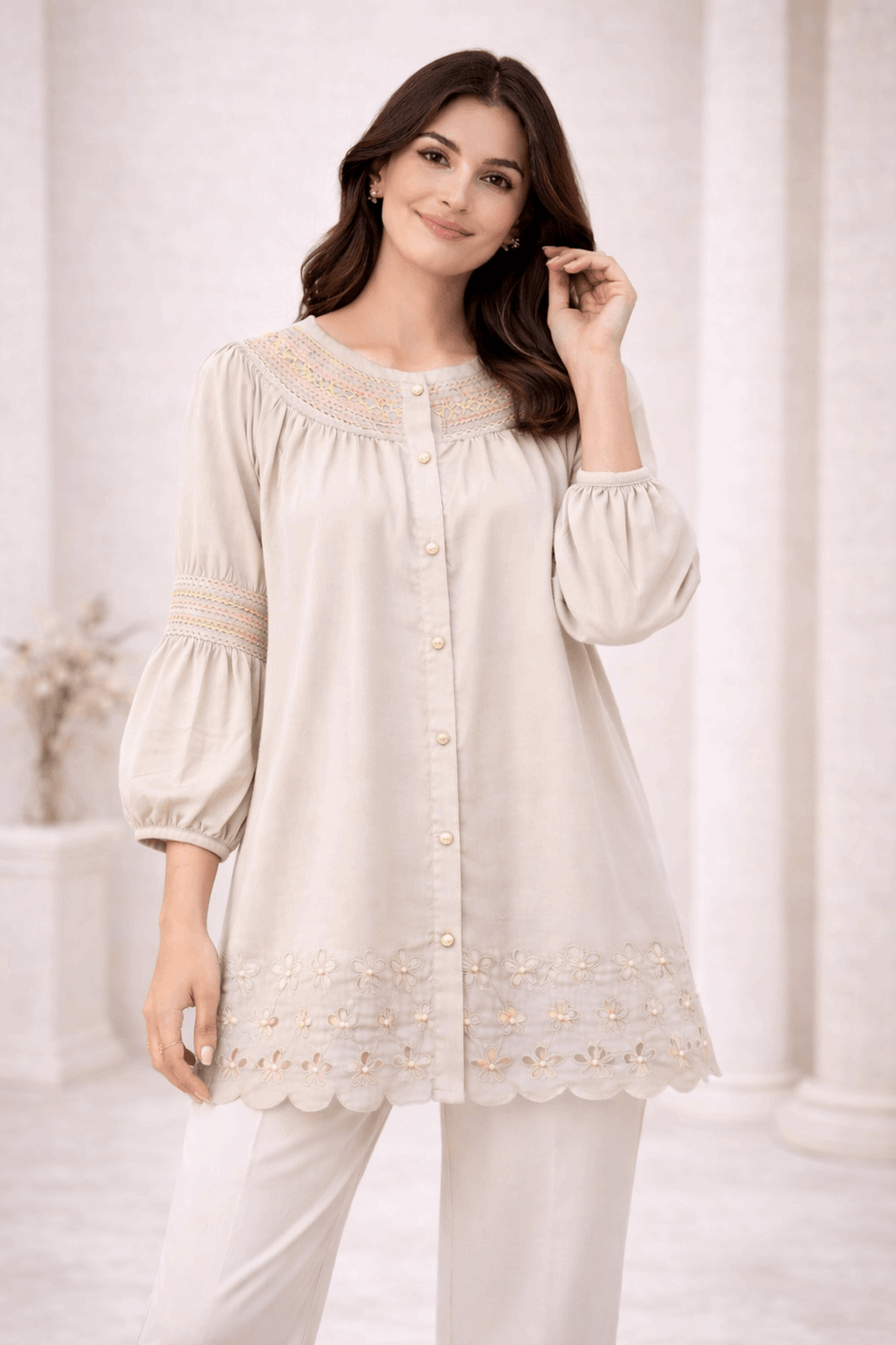 Light Beige Laser-Cut Embroidered Button-Down Tunic