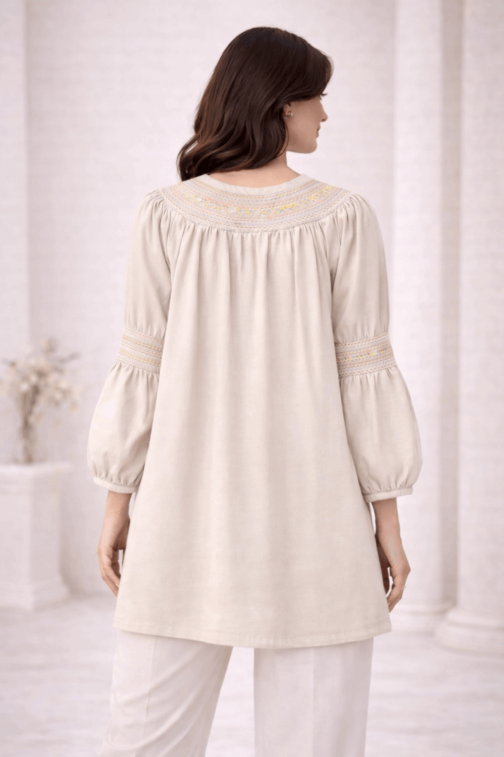 Light Beige Laser-Cut Embroidered Button-Down Tunic